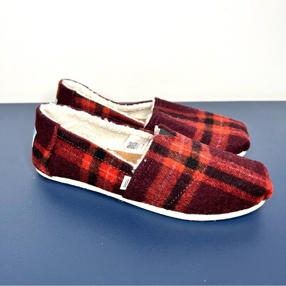 Toms Alpargata Red Plaid Buffalo Check Faux Sherling Sherpa Slip On Shoes Size 6 - Picture 9 of 14